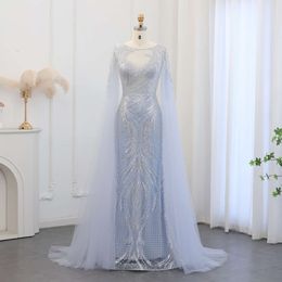 Mermaid Dubai Blue Evening قال شارون فستان مع كيب للأكمام 2024 Sage Green Plus Size Women Wedding Party Dons SS049