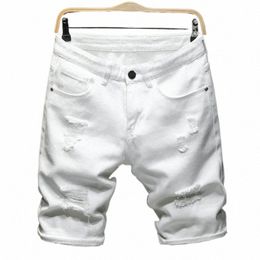 new White jeans shorts men Ripped Hole Frayed Knee length classic simple Fi Casual Slim Denim shorts Male high quality k6RL#