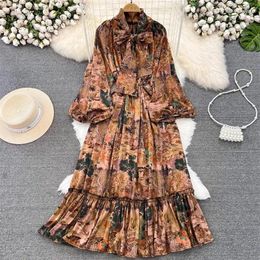 Casual Dresses Spring And Autumn Vintage Style Oversized Dress Long Sleeve Bow Tie Up Waist Slim A Line Ruffle Edge Printed Maxi Z2473