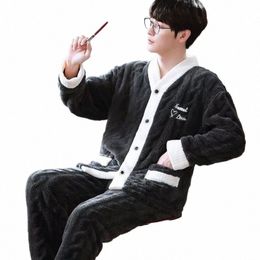 sleepwear Men Pyjamas Sets Warm Autumn Winter Thick Nightwear Facecloth Coral Fleece Lg Sleeve Pants Korean Chic Homewear Sets c6y4#