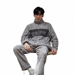coral Fleece Men's Winter Pyjamas Set Thicken Flannel Warm Sleepwear Big Size 3XL Zipper Soft Pyjama Men pyjama homme Freeship W40l#