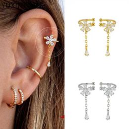 Ear Cuff Ear Cuff Galvanized 24K gold/925 silver CZ flower clip earrings with pendant chain earrings suitable for womens pocket earrings Y240326