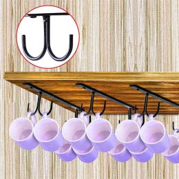 Rails Iron 4 Hooks Storage Shelf Wardrobe Cabinet Metal Under Shelves Mug Cup Hanger Bathroom Kitchen Organiser Hanging Rack Holder