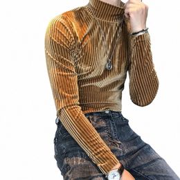 2021 Autumn Winter Turtleneck Veet T-Shirt Men Slim Striped Casual Tight T-Shirt Men Lg Sleeve Club Clothing Camiseta Homme 73R1#