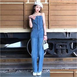 Womens Jeans Blue Elegant Strapless Sleeveless Fl Length Backless Tube Top Denim Jumpsuit High Waist Wide Leg Overalls Drop Delivery A Othvh