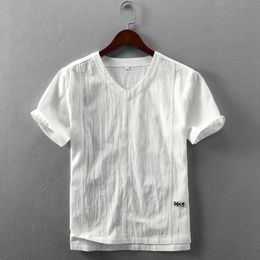 2024 Summer New Linen Short Sleeved T-shirt for Mens Simple and Casual Thin Pullover V-neck Cotton Trendy - Qingquan