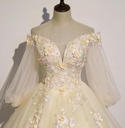 light yellow flower embroidery ball gown queen gown Mediaeval dress Renaissance gown royal Victorian dressprincess cosplay Ball2926100