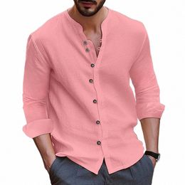 hot new men's cott linen shirt loose comfortable casual linen young men stand collar solid color shirt z5uB#
