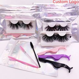 Mink Eyelashes Wholesale 16mm 18mm Aid Kit Bulk False Eye Lashes Tweezers Brush Laser Packaging Bags Custom 240313