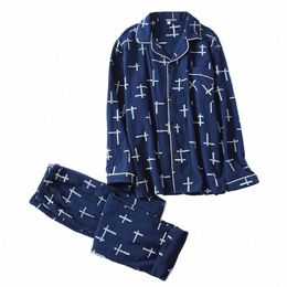 geometric Men Pyjamas Sets Shirt&Pant 2PCS Nightwear Sleepwear Cott Loose Autumn Male Lingerie Homewear Pijamas Suit Nightgown w1g7#