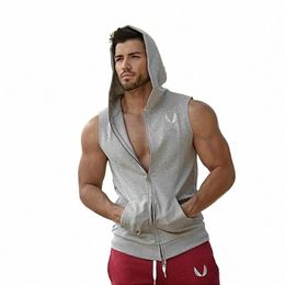 men's Running Fitn Sleevel Hooded Sweatshirts Jackets For Man Zip Hoodie Vest Gym Clothing Sportswear Jogging Tracksuits 79qO#