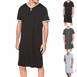 men Sleepwear Short Sleeve O Neck Pocket Nightdr Loose Knee-length Nightgown Homewear Plus Size 3XL Warm Clothes For Male a6nn#
