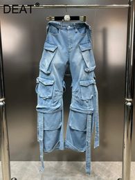 Women's Jeans Belt Bandage Multiple Pockets For Women Fashion Trendy Hollow Out Spliced Cargo Pants Female 2024 Spring 11XX8569