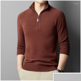 Mens Sweaters Thick Pure Wool Knit Sweater Jumper High Quality Men Fall/Winter Half Zip Slim Casual Business Base Shirt Drop Delivery Ot3Zd