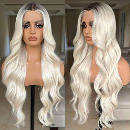 X-TRESS 30 Inch Blonde Front Ombre Body Wave Glueless Wig Middle Part Lace Frontal Pre Plucked for Women 13x4x1 Synthetic Wavy Wigs with Dark Roots