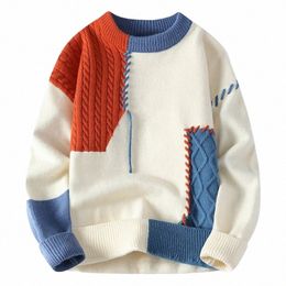 2024 New Men's Ctrast Colour Sweater Fi Splicing Classic Cmere Sweater Round Neck Warm Knitted Pullover Men's Clothing O8M9#