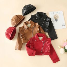 hibobi Toddler Solid Colour Lapel Leather Hat Baby Girl Spring Autumn Winter PU Coat Fashion Leather Jackets For Kid 1-7Y 240319