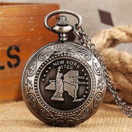 Retro Antique Black Watch New York 1788 Statue of Liberty Cover Men Women Quartz Pocket Watch Necklace Pendant Chain Souvenir