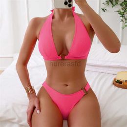 Women's Swimwear New Sexy Bikini Set Womens 2-piece Swimwear Solid Suspended Swimwear 2024 Water Red Swimwear Apron with Backstraps Beach Suit 240326