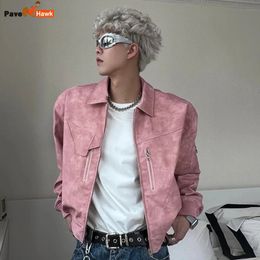 Mens Cropped PU Leather Jacket Fashion Turndown Collar Gradient Color Retro Coat Zipper Motorcycle Outwear Spring Pink 240311