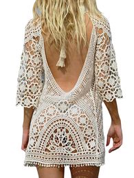 Sexy Women's Bathing Suit Cover Up Crochet Lace Bikini Bathing Suit Swimsuit Smock Knitting Swimwear Mesh Beach Dress Tunic Robe 240313