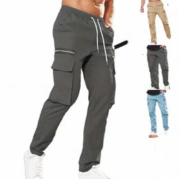 men Trendy Cargo Pants Loose Straight Crotch Drawstring Elastic Waist Loose Zipper Multi Pockets Lg Trousers Autumn Winter O9jm#