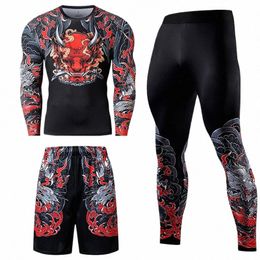 2/3pcs Men Tracksuit Compri Set Workout Sportswear Gym Clothing Fitn Lg Sleeve Tight Top & Waist Leggings Sports Suits Y1CC#