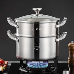 1set 316 Stainless Steel Soup Thickened Household Steamer, Porridge Milk Bottle Sterilizer, Steaming and Cooking Induction Cooker Stew Pot, Double Ear Pot