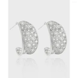 Stud Earrings Pure S925 Sterling Silver Personality Light Luxury Hollow Out Diamond Geometric Curved Woven Mesh Design