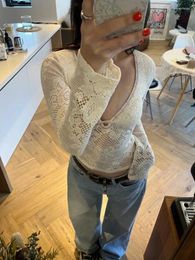 Women's T Shirts 2024 Trendy Women Lace Knitted Crop Top Fashion Vintage Grunge Tee Sexy V Neck Y2k Aesthetic Harajuku T-Shirts Korean