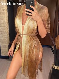 Sexy With Belt Fringe Tassel Crochet Knitted Tunic Beach Cover Up Coverups Dress Wear Beachwear Female Women V49 240318