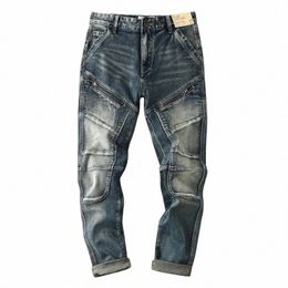 high-end 2022 Retro Motorcycle Jeans Men Spring Autumn Loose Zipper Designer Straight Pants Stitching Tooling Cargo Pants Men 17Yo#