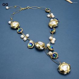 Pendant Necklaces G-G Natural Cultured White Keshi Pearl Blue Murano Glass Necklace 21" Handmade Party Gifts For Women