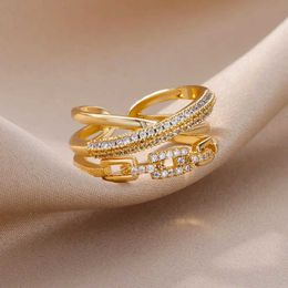 Band Rings Zircon Twisted Chain Open Ring Womens Stainless Steel Geometric Twisted Ring Packaging Adjustable Ring Wedding Fashion Jewelry Gifts J240326