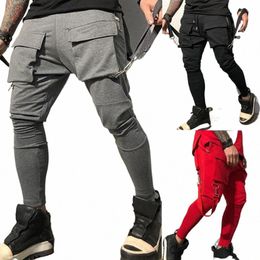 sports Men Stretch Tights Sweat Absorbing And Breathable Fitn Casual Multi Pocket Stitching Cargo Pants Mens q7PH#