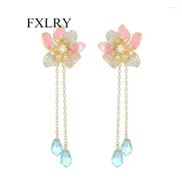 Dangle Earrings FXLRY S925 Silver Needle Zircon Inlaid Pink Drop Oil Flower Crystal Tassel For Women Wedding Jewellery