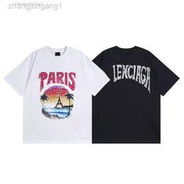 Desginer Balanciaganess t Shirt Baleciaga Paris High Edition 2024 New b Home Hawaiian Sunset Coconut Tower Bat Pattern Short Sleeve T-shirt