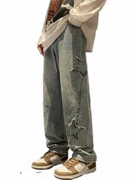 Houzhou Stars Embroidery Y2K Мешковатые джинсы Мужские джинсовые брюки Мужская одежда Прямые брюки в стиле хип-хоп Брюки Pantal Homme Мужские джинсы u0EG #