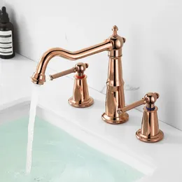 Bathroom Sink Faucets Luxury Top Quality Brass Faucet 3 Holes 2 Handles Basin Mixer Tap Fashion Copper Original Design Rose Gold