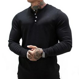 Man Fashion T Shirt Casual Fashion Plain Color Long sleeve High Quality Slim Polo Shirt Men Gym Fitness T-shirt 240311