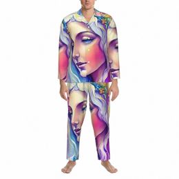 Pyjamas Man Virgin Mary Night Sleepwear Catholic Christian Mother 2 Pieces Vintage Pyjama Sets Lg Sleeve Oversize Home Suit M16f#