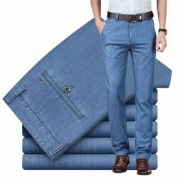 shan BAO spring summer brand fit straight thin modal denim jeans busin casual men's high waist lightweight stretch pants Y2t9#