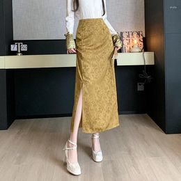 Skirts Chinese Style Retro Long Womens Spring Summer Elegant High Waist Print Slit Midi Skirt Ladies Slim Straight