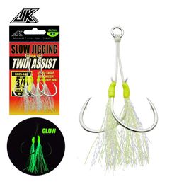 5packs Slow Jigging Twin Assist Hook Glow Saltwater Double Hooks 10 20 30 40 50 Fishhooks Fishing Tackle 240313