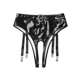 Womens Crotchless Panties Shiny Wet Look Patent Leather Underwear with Garter Clips High Waist Thongs Sexy Lingerie Underpants 240311