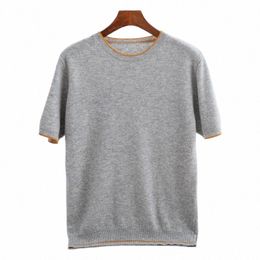 attyyws New hot selling men's O-neck short sleeved sweater T-shirt casual busin knitted men's pure wool pullover sweater m15J#