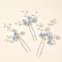 3pcs Blue Flower U Shaped Hair Pins Pearl Elegant Clips Headwear for Wedding Bridal Hairclip Women Jewelry Accessories 240311