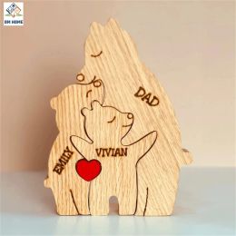 Miniatures Personalised Custom Free Engraving Single Parent Bear Family Wooden Puzzle Birthday Gift Family Name Sculpture Names Desk Decor