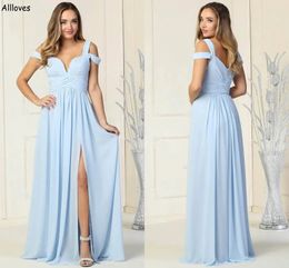 Light Sky Blue Flowy Chiffon A Line Prom Dresses Plus Size Off The Shoulder Pleated Long Bridesmaid Formal Wear Sexy Split Floor Length Evening Party Gowns