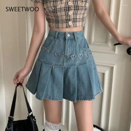 Skirts Casual Denim Mini Skirt Women Summer 2024 High-Waiste Harajuku Y2K Pleated Blue Japanese Korean Style Fashion Clothing